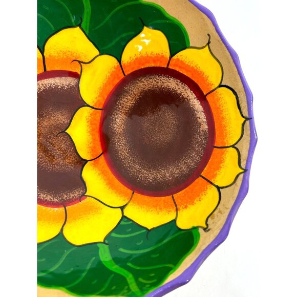 Sunflowers Pottery Hanging Bowl Glazed 3-Footed 7.24” x 2.5” Vintage Handmade - Picture 4 of 17